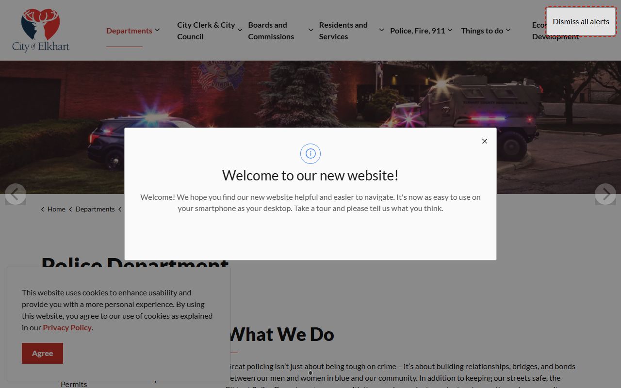 Elkhart Police Department website page linking to inmate search for Elkhart jail roster
