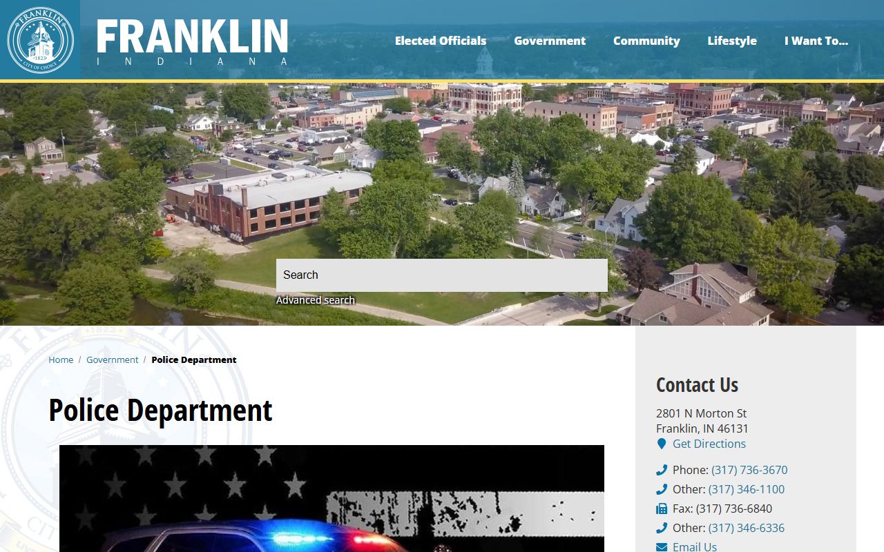 Franklin Police Department page with links to Franklin jail roster and inmate search