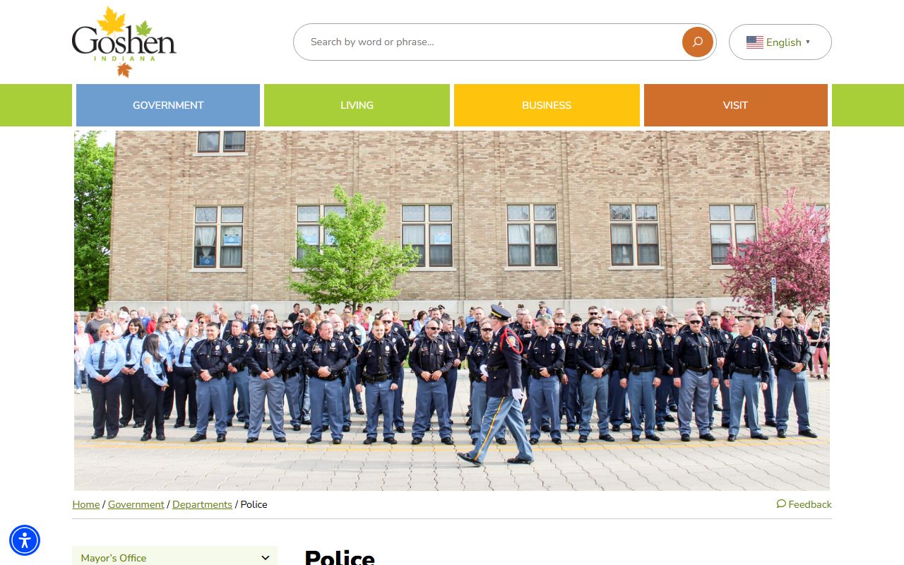 Goshen Police Department website showing links to Goshen jail roster and inmate search