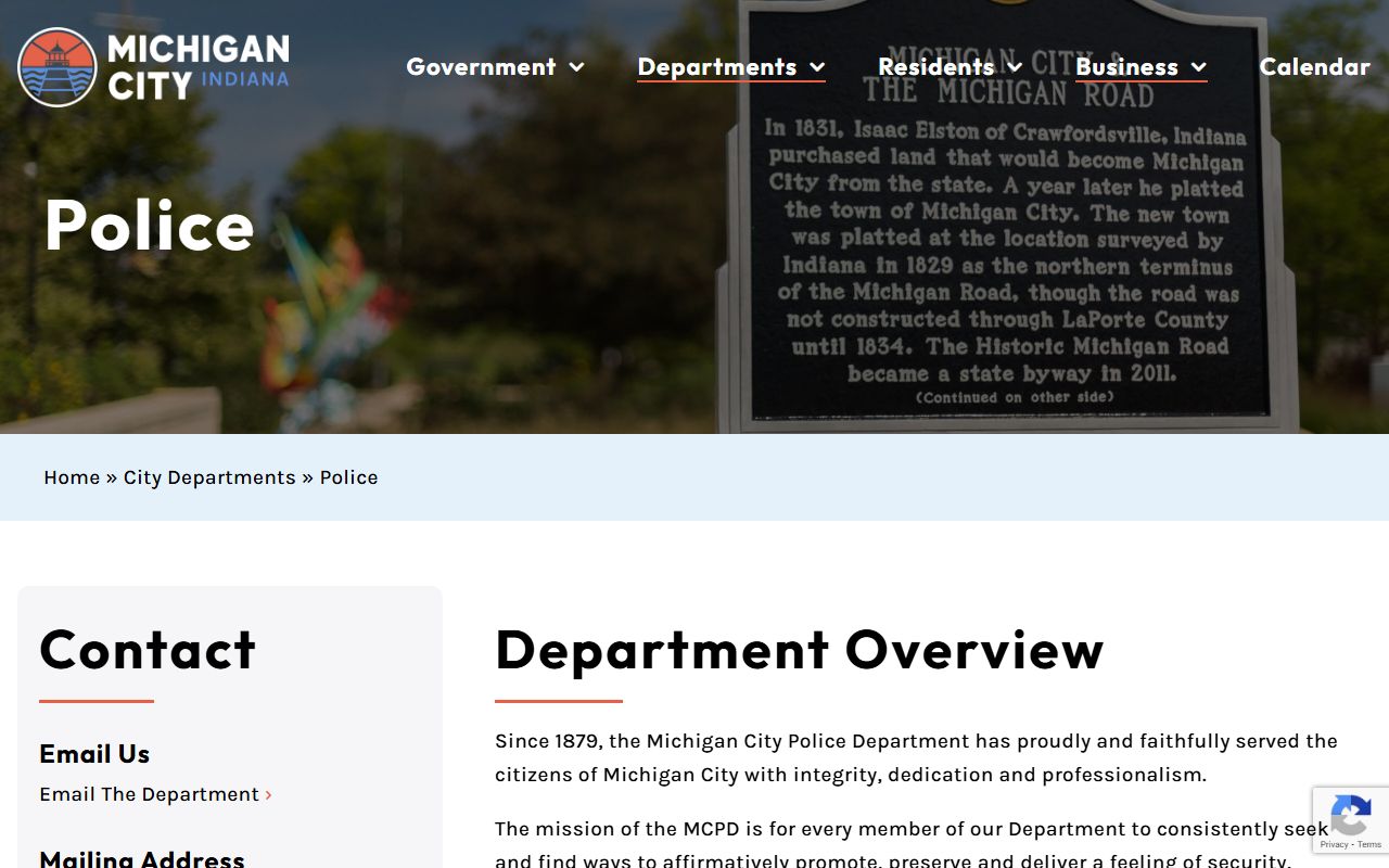 Michigan City Police Department page with links to Michigan City jail roster and inmate search