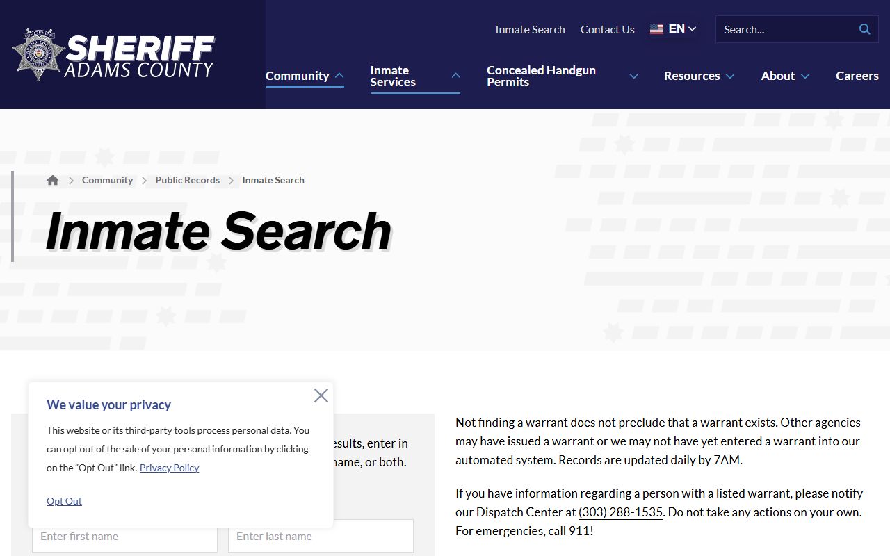 Adams County jail roster search page on the Adams County Sheriff's Office website