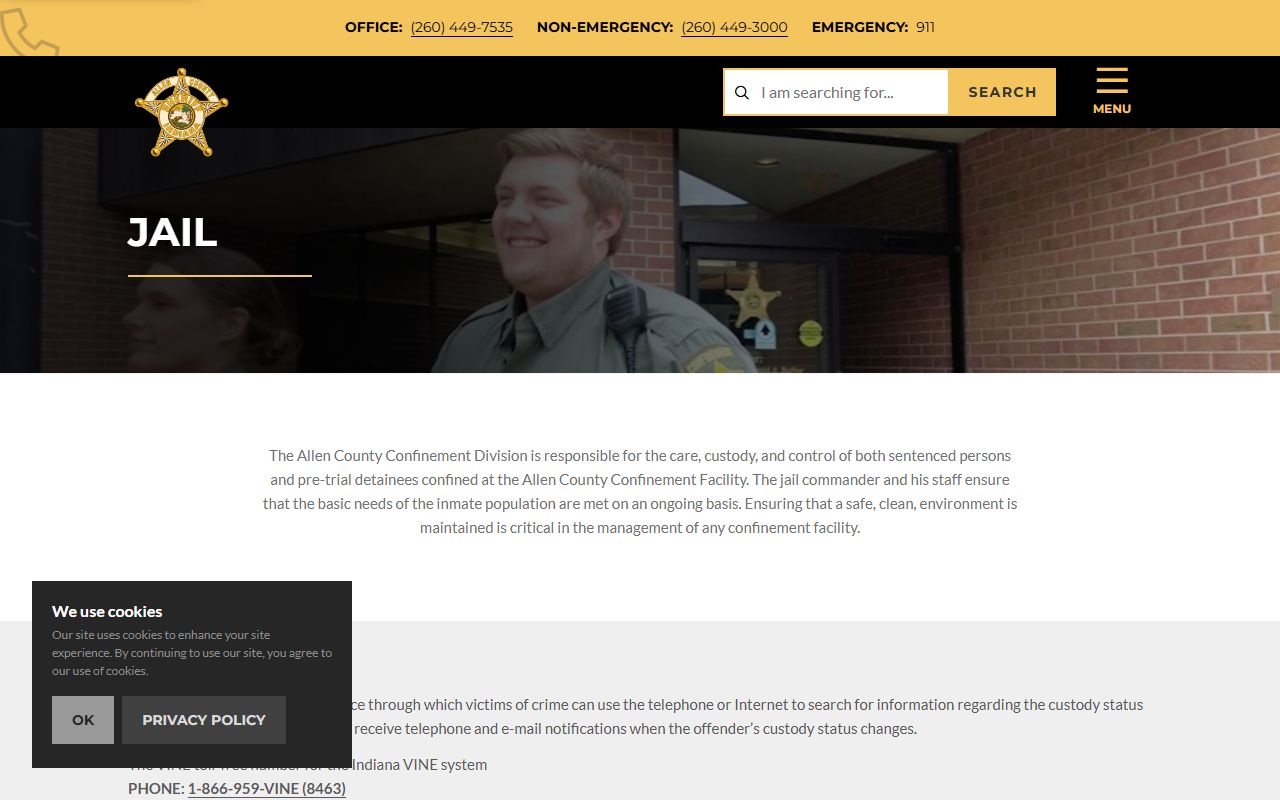 Allen County jail roster search interface on the Allen County Sheriff's Department website