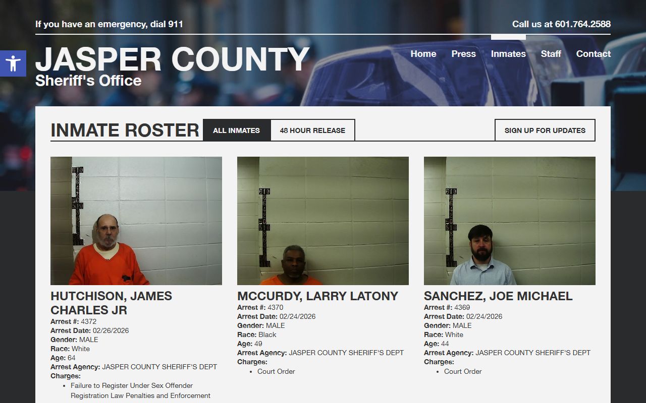 Jasper County Sheriff's Office inmate roster page showing current Jasper County jail roster