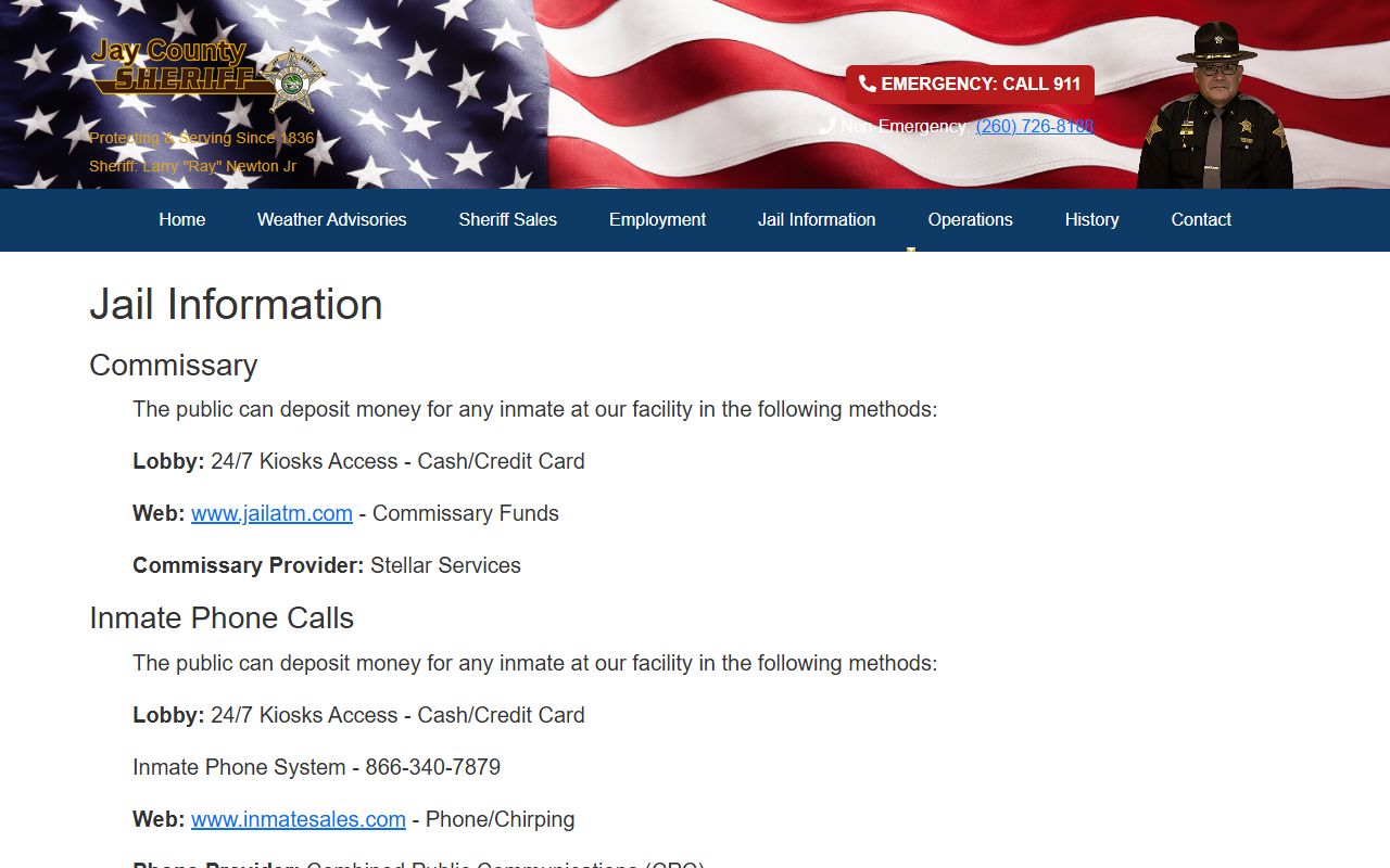 Jay County Sheriff's Office website and INjail portal showing Jay County jail roster search