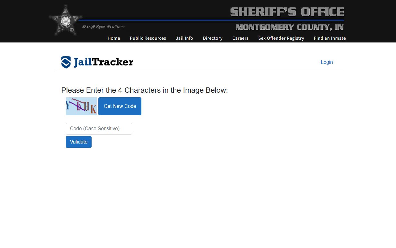 Montgomery County jail roster on the Montgomery County Sheriff's Office JailTracker system showing current inmates in Crawfordsville Indiana