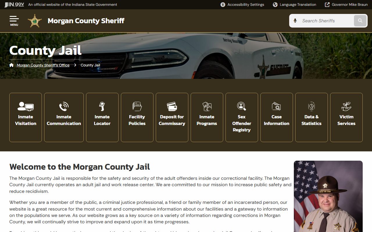 Morgan County Jail page on the Indiana state government site showing inmate search and jail program information for Martinsville Indiana