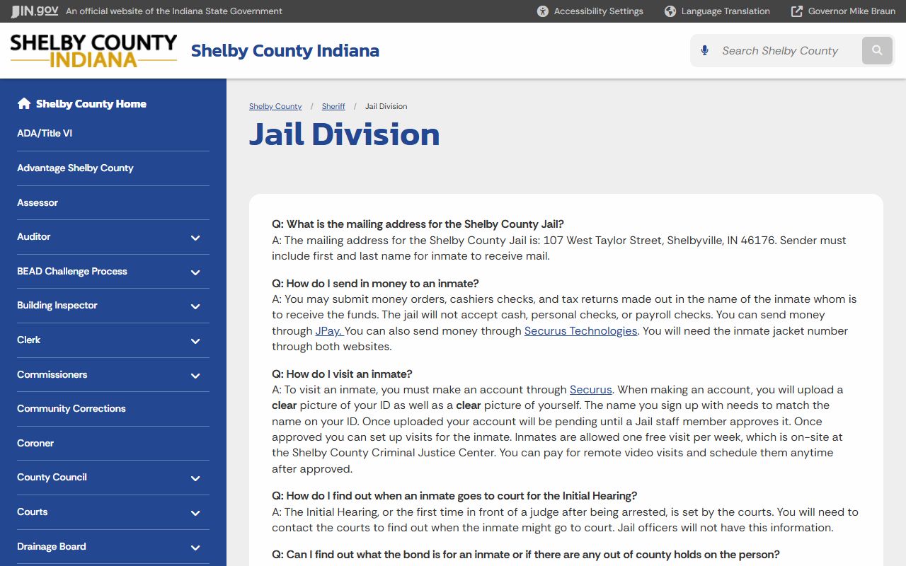Shelby County Sheriff jail division page showing the Shelby County jail roster