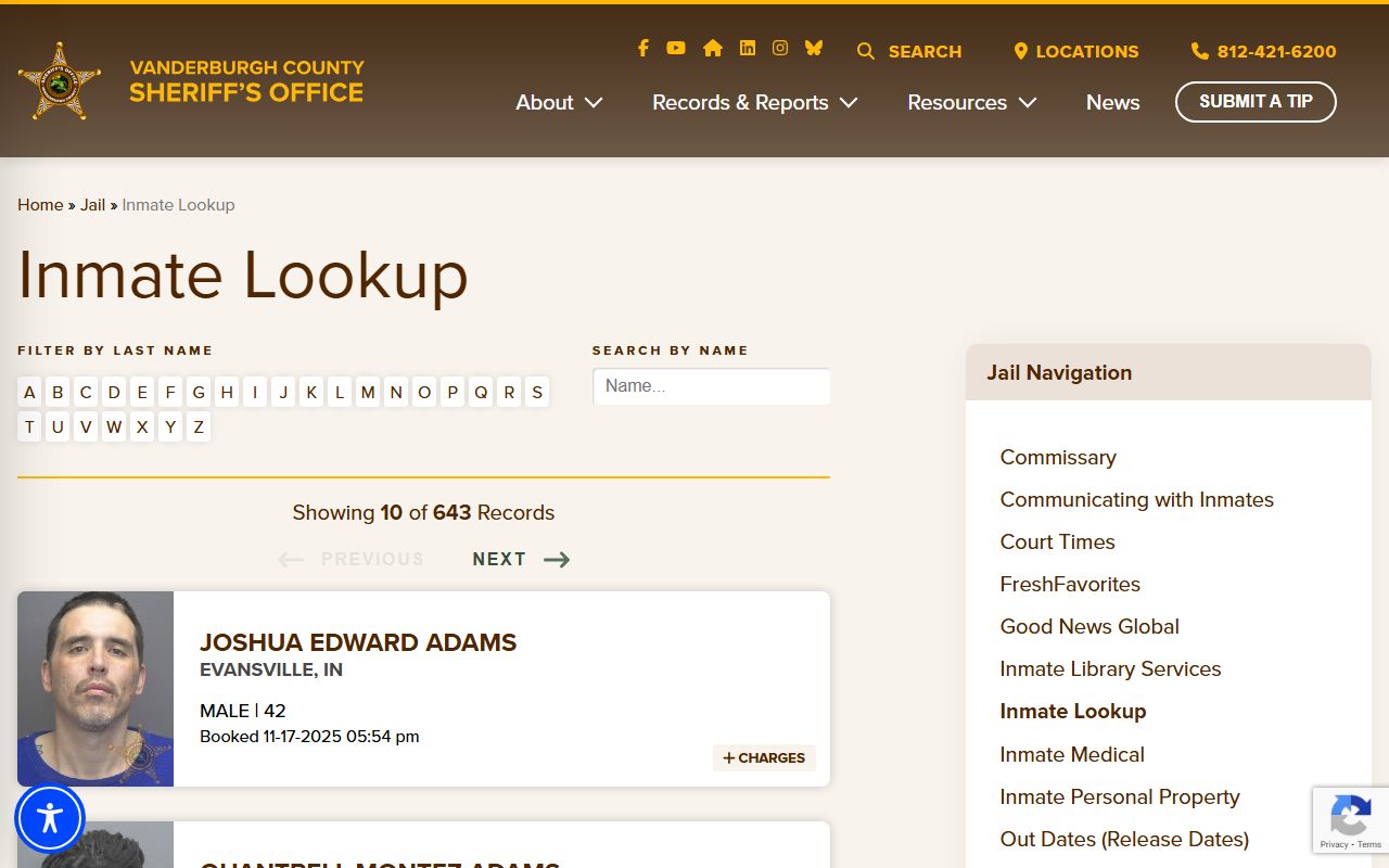 Vanderburgh County jail roster on the Vanderburgh County Sheriff's Office website