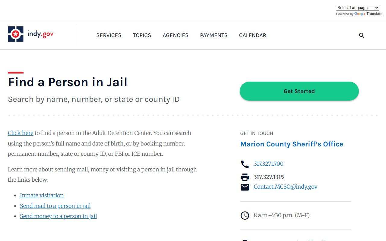 Indy.gov jail information page for finding Marion County Indiana jail roster inmates