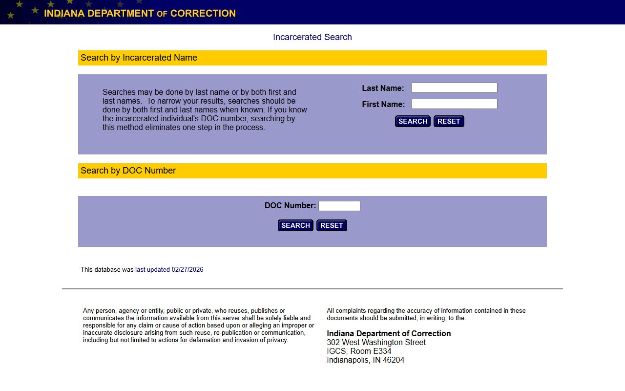 Indiana IDOC Offender Locator search page for state prison inmates separate from county jail roster