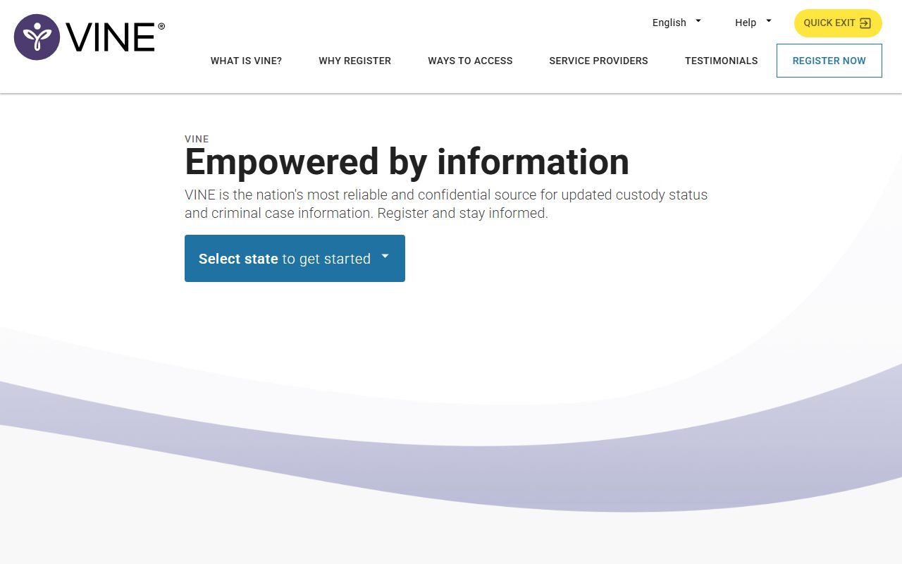 VINELink state selection page to search Indiana jail roster and set up custody alerts