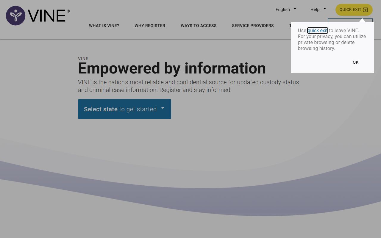 VINELink website homepage for tracking Indiana jail roster inmate custody status